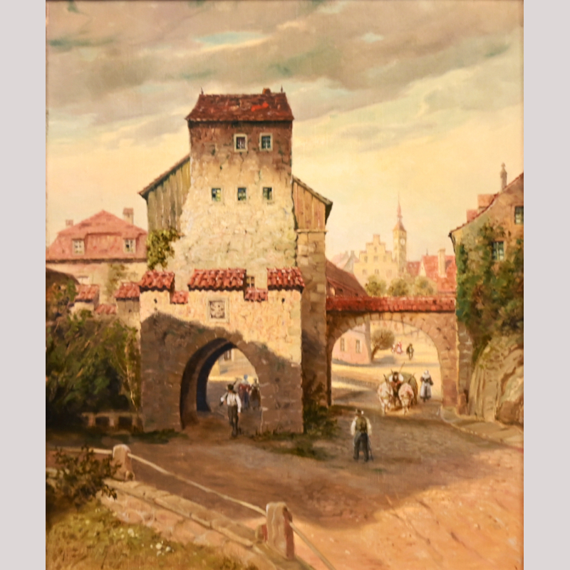 Ölgemälde „Stadttor einer fränkischen Kleinstadt mit Figurenstaffage“ l.u. sign. K. DITTRICH