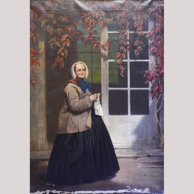 Ölgemälde „Ältere Dame beim Stricken in der Gartenlaube“ l.u. monogr. HP