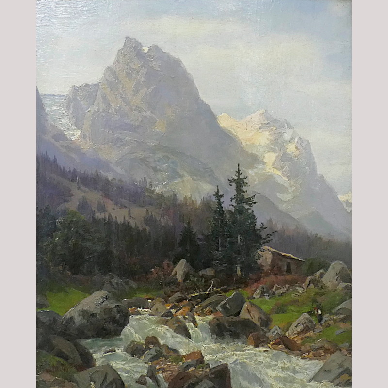 Ölgemälde „Gebirgsbach mit Well- und Wetterhorn“ l.u. sign./rücks. zugeschr. Paula BONTE