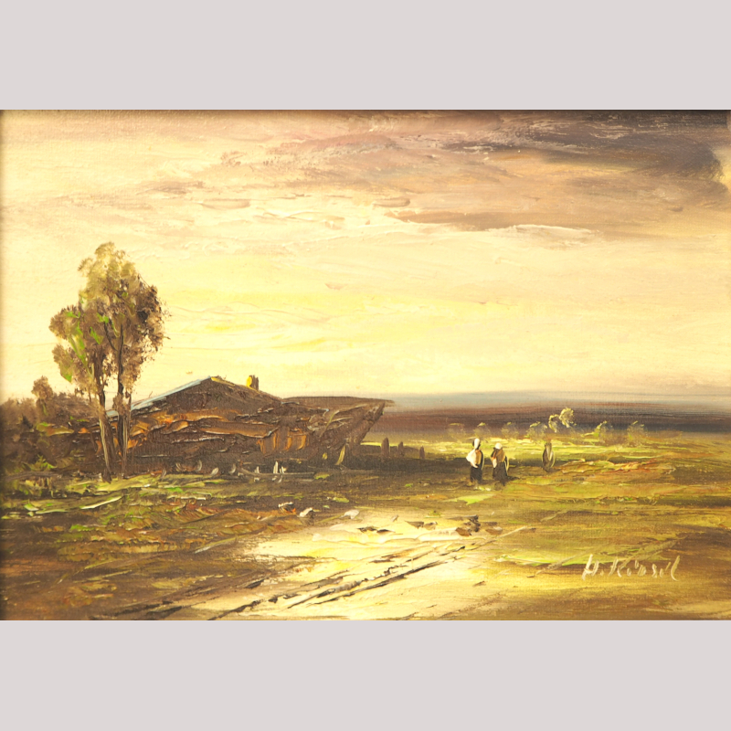 Ölgemälde „Ungarische Steppe mit Gehöft und Personen“ r.u. sign. H. KINSIL