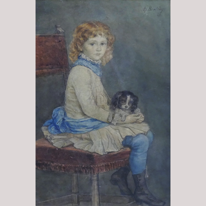 Pastell „Portrait eines Mädchens mit Hund“, r.o. sign. H. BRELING