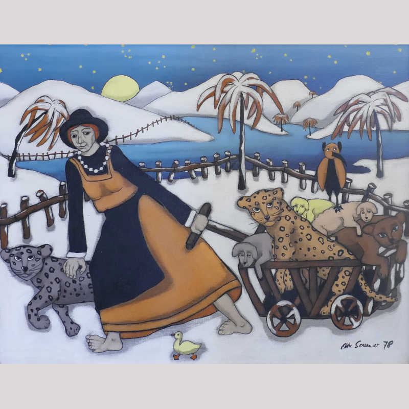 Ölgemälde „Schnee in der Wüste oder Fränkische Bäuerin in der Sahara!“ r.u. sign. Elke SOMMER