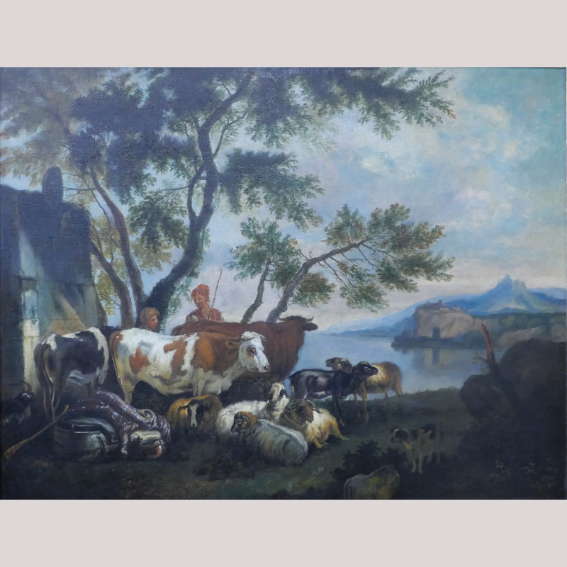 Ölgemälde „Landschaft mit Viehherde und Hirten“ unsign./lt. Dokumenten zugeschr. Govaert Dirksz. CAMPHUYSEN