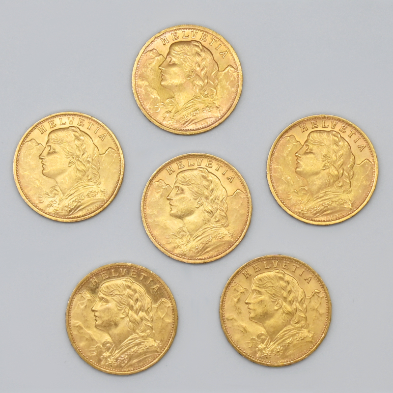 6 Goldmünzen „20 Franken“ je Schweiz