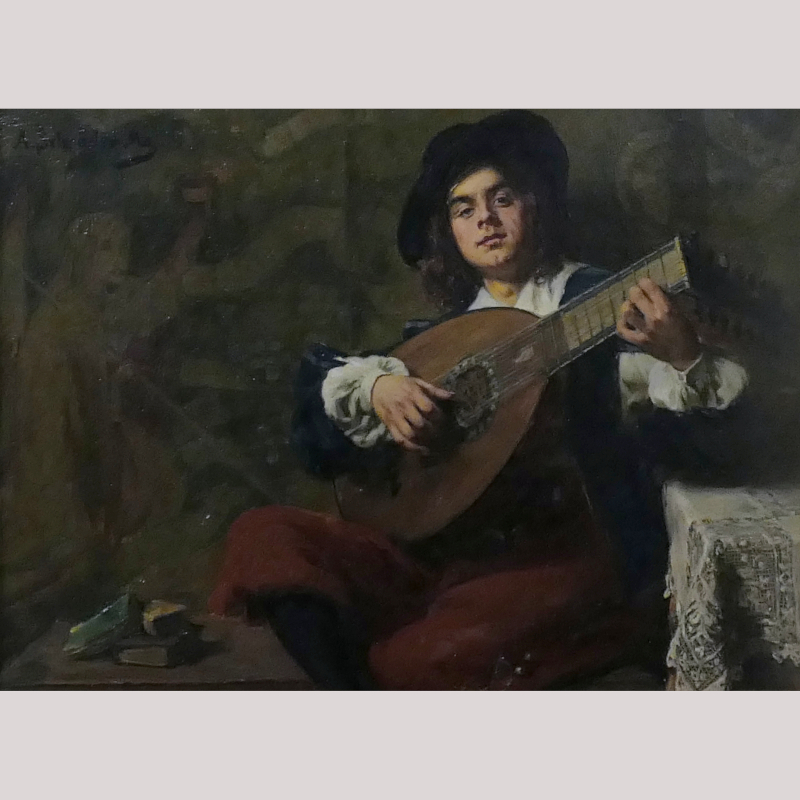 Ölgemälde „Junger Lautenspieler vor Tapisserie“ l.o. sign. A. SCHRÖDER