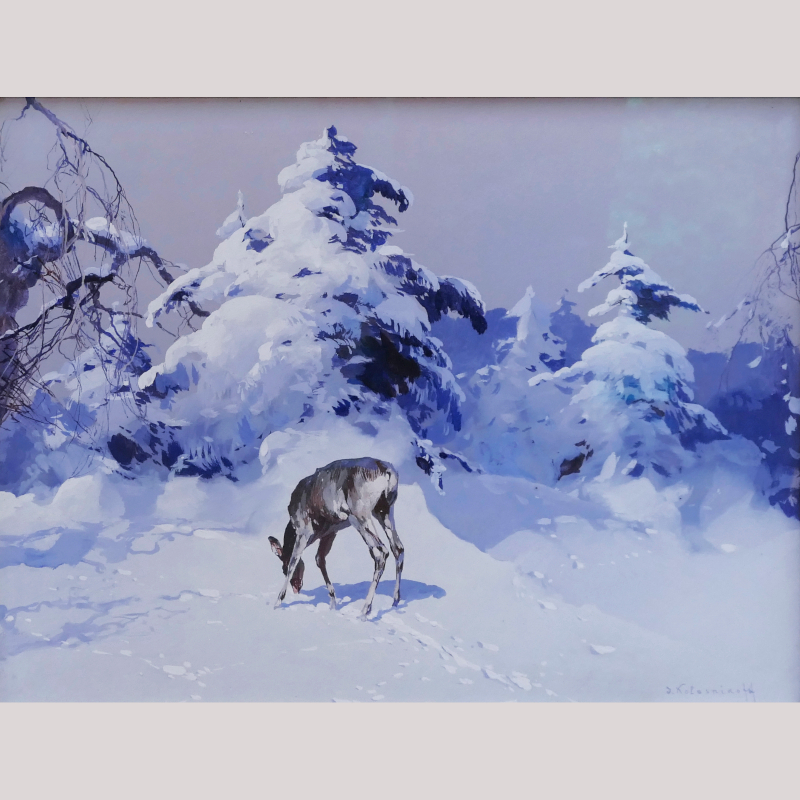 Gouache „Hirschkuh im Winterwald“ r.u. sign. S. KOLESNIKOFF