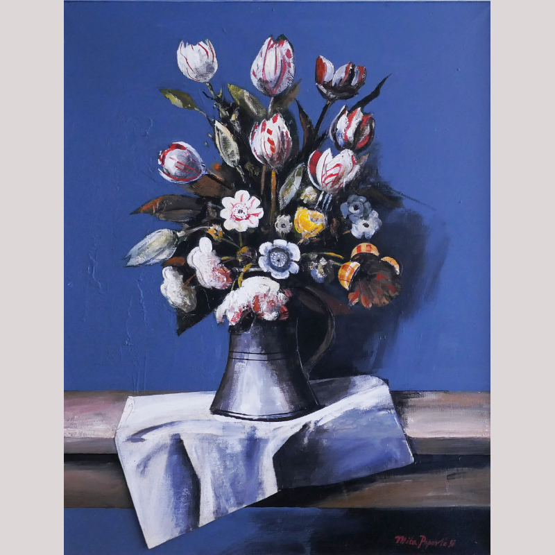 Ölgemälde/Collage „Plastisches Blumenstillleben“ r.u. sign. Mica POPOVIC