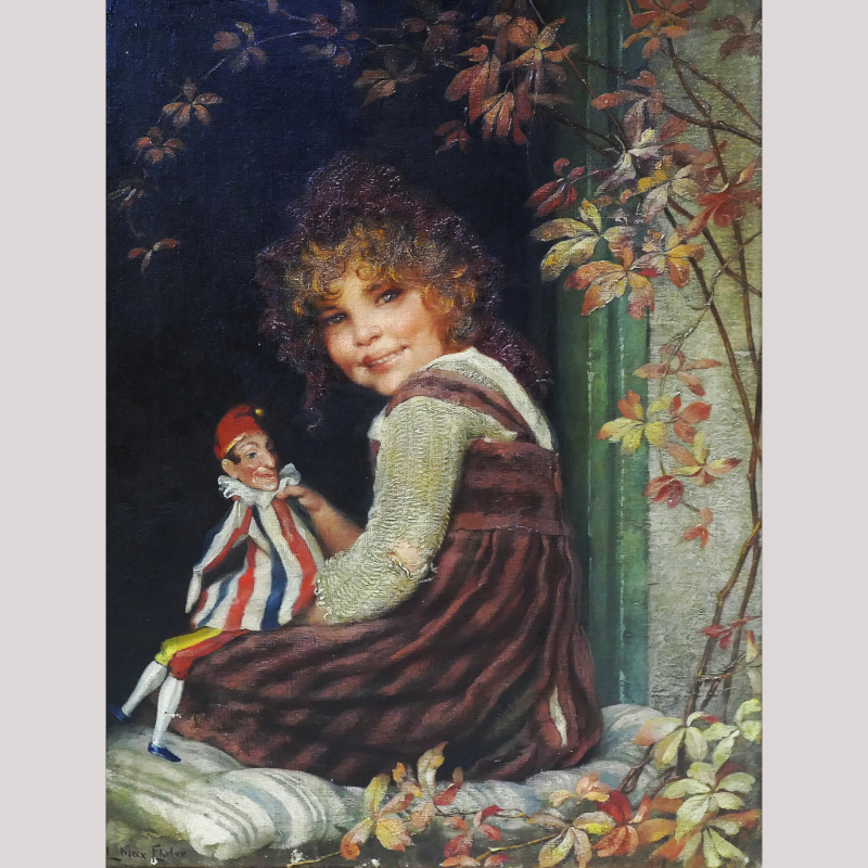 Ölgemälde „Mädchenportrait mit Kasperlepuppe“ l.u. sign. L. MAX EHRLER